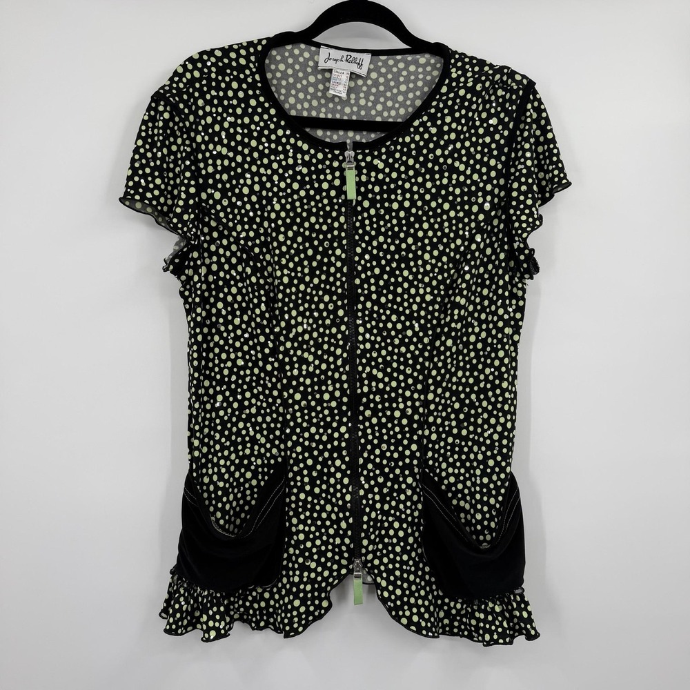 Joseph Ribkoff Tunic Womens 14 Black Green Shiney Polka Dot Zip Flutter Sleeve